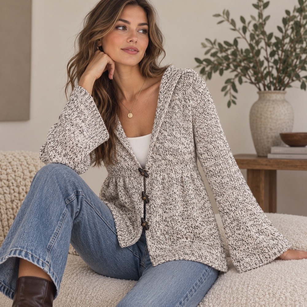 Sophie Max Angora Wool Knit Hooded Cardigan Coat Marled Toggle Sweater Womens S